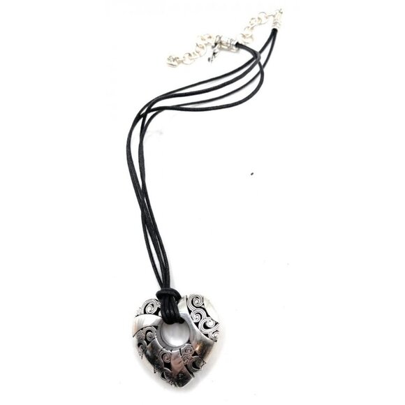 Brighton Kismet Heart Pendant Necklace Silver Scroll on Black Leather Cord - Picture 1 of 7